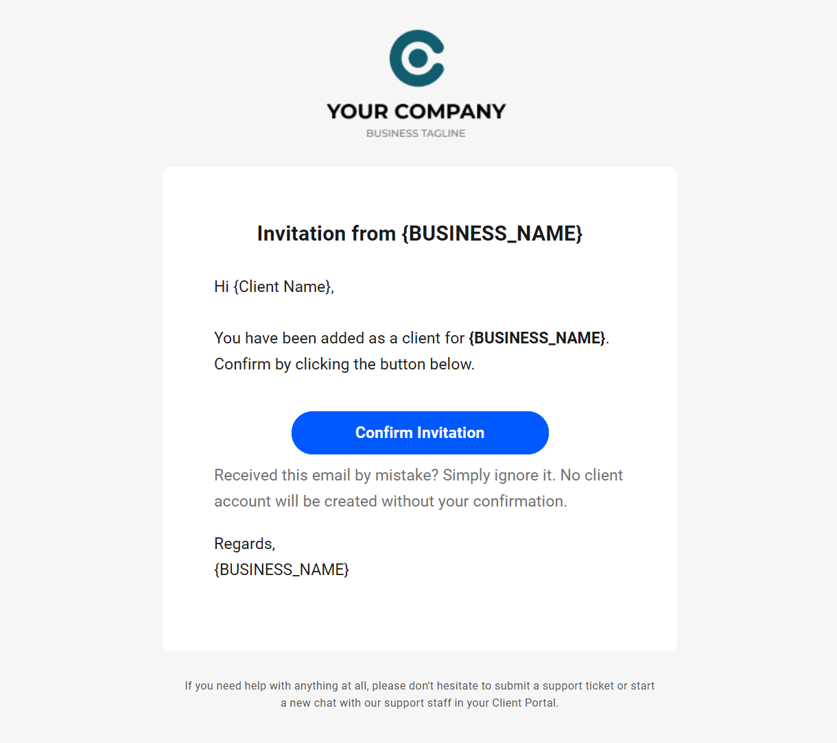 Email sent to a client when invited to join your client portal