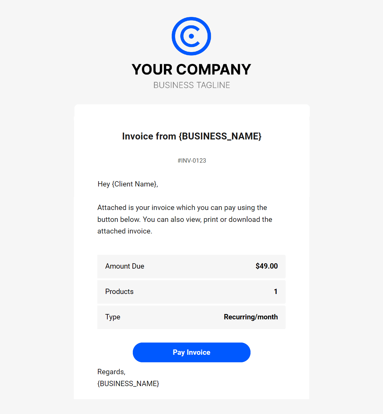 Client Billing invoice email sent to the client