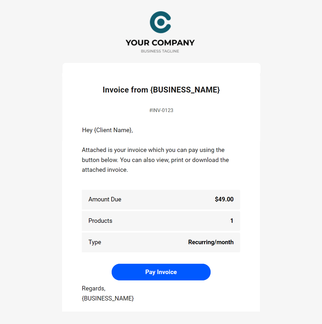 Client Billing invoice email sent to the client