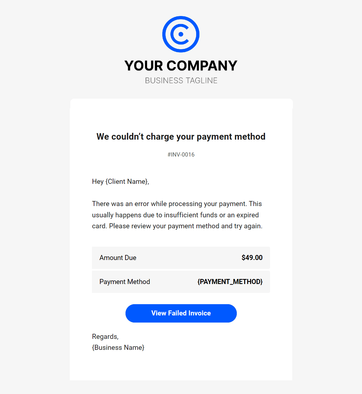 Client billing email to client example - payment failed