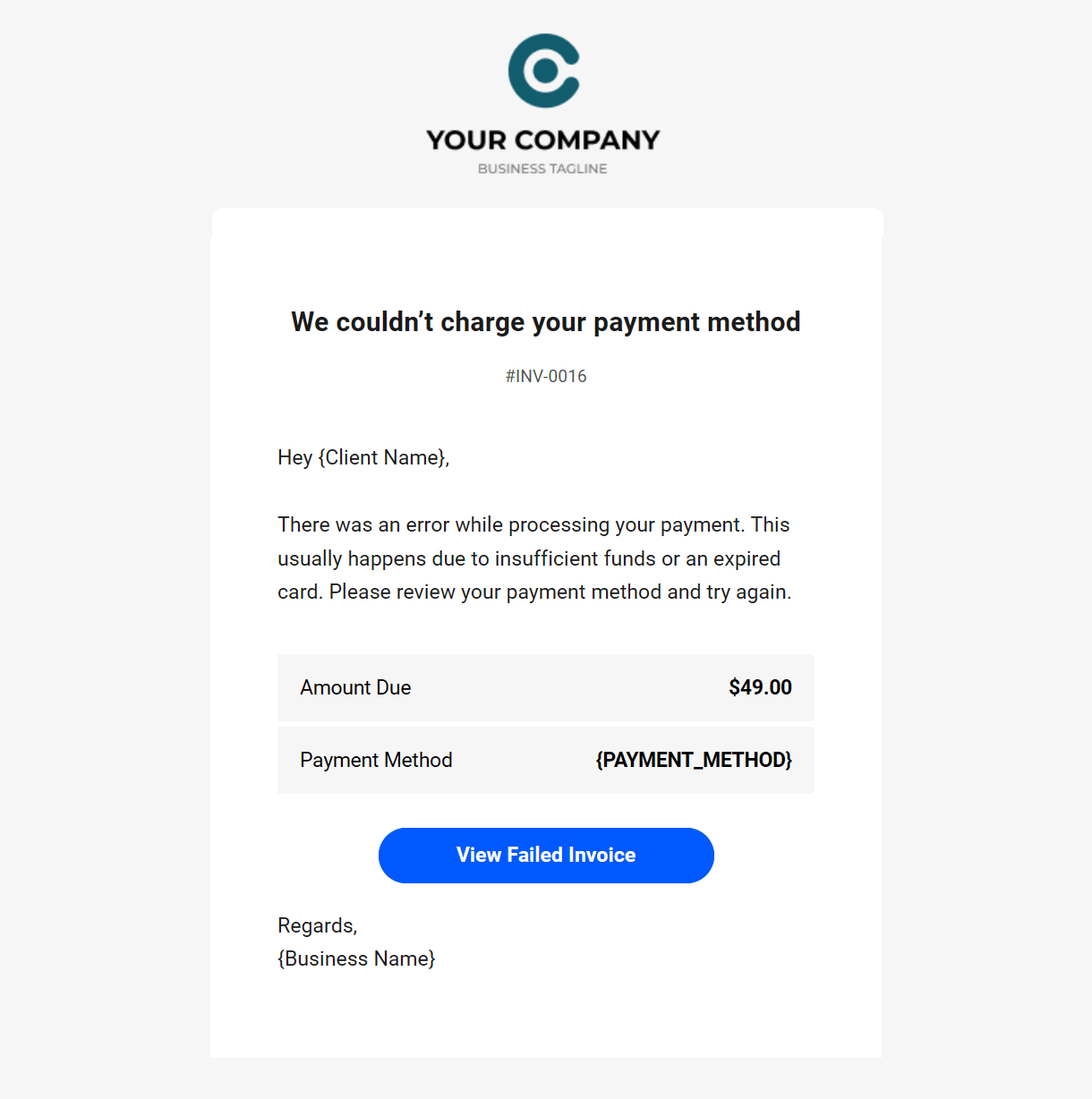 Client billing email to client example - payment failed