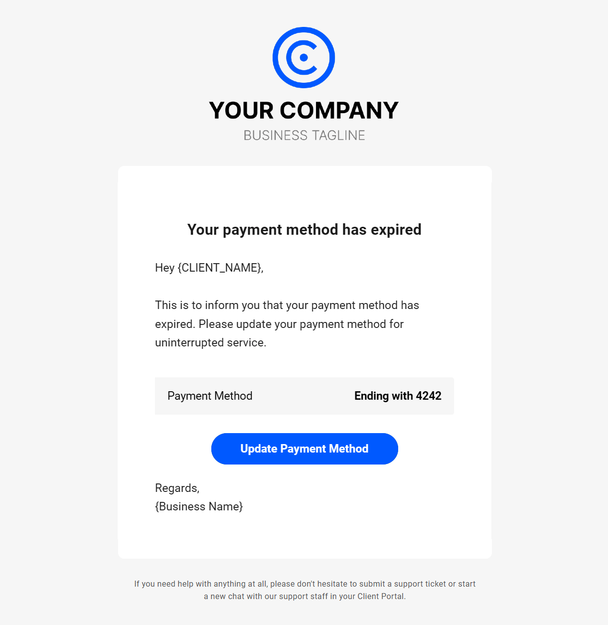 Client billing email to client example - payment method expired