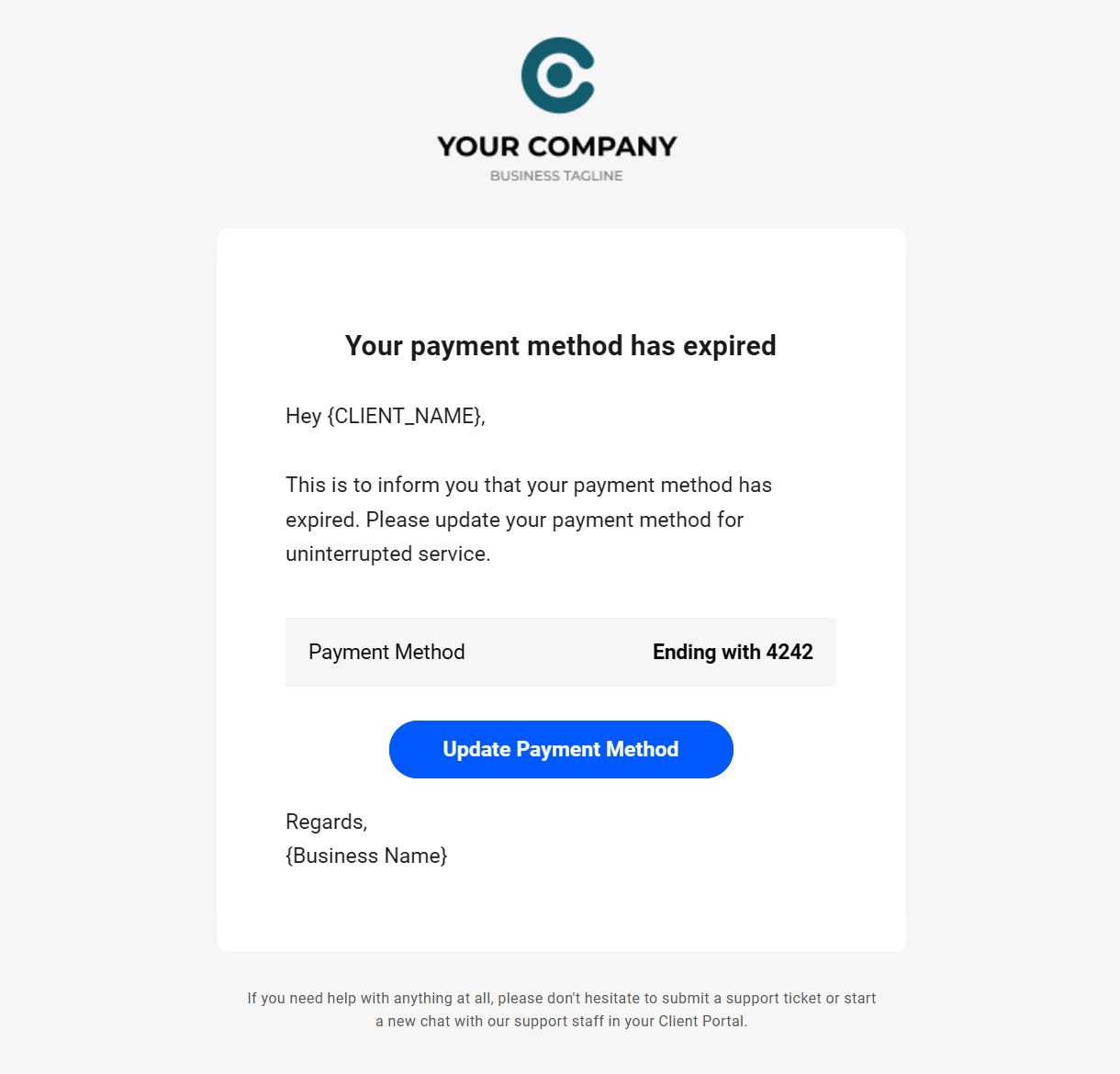 Client billing email to client example - payment method expired
