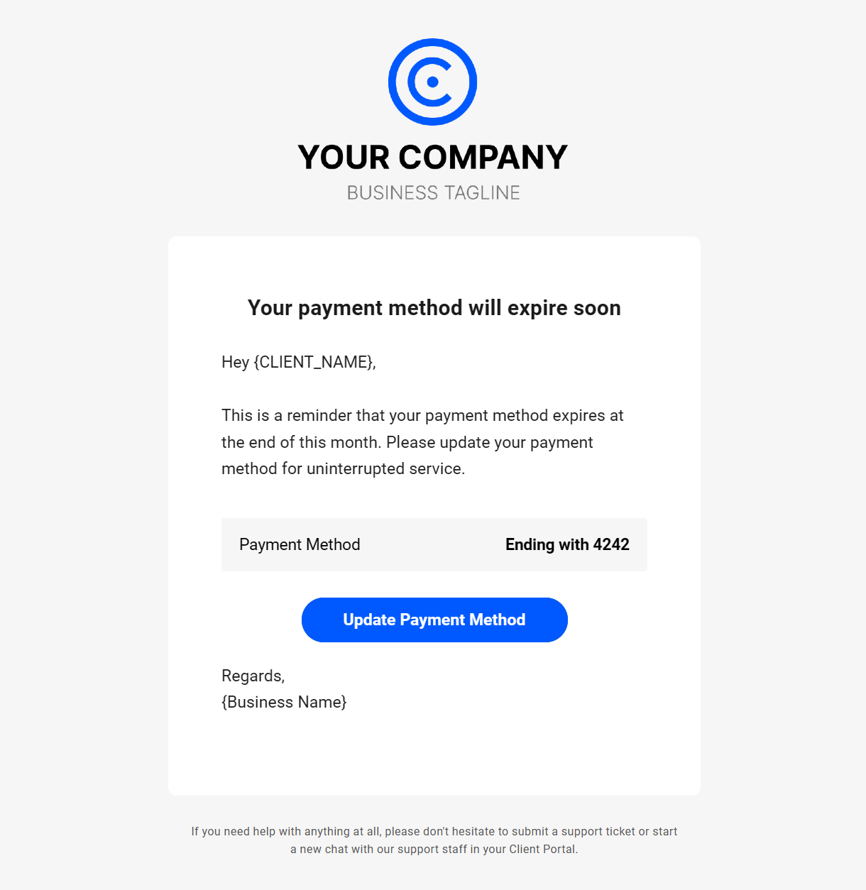Client billing email to client example - payment method expires soon