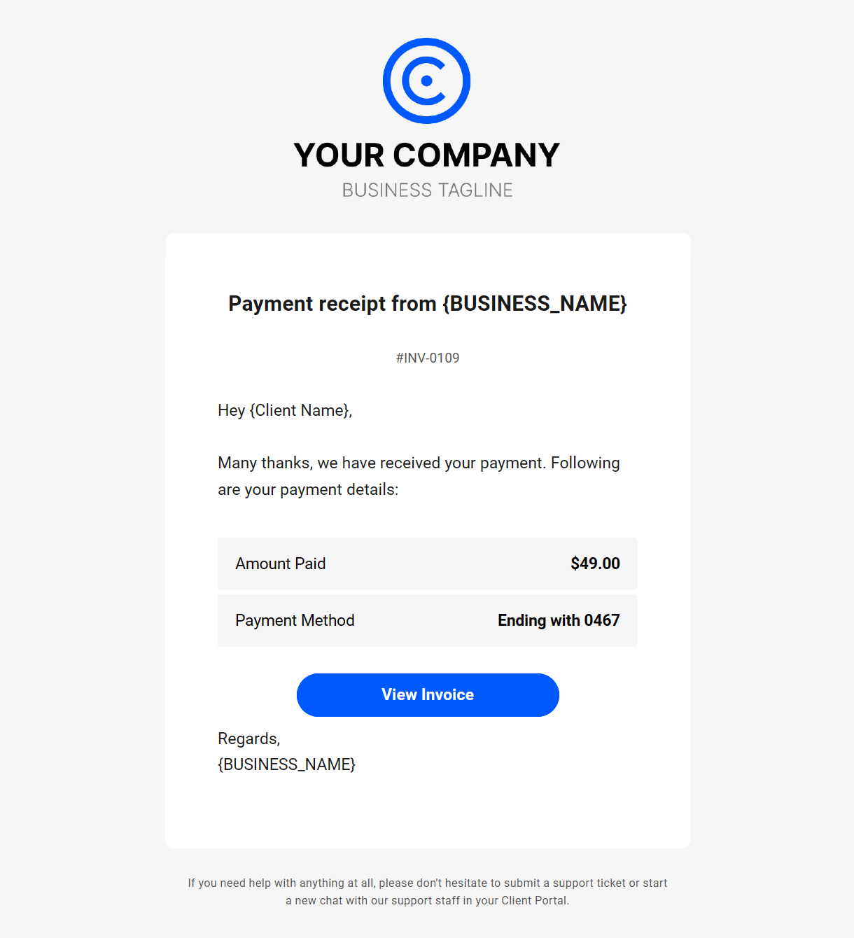 Client billing email to client example - payment receipt