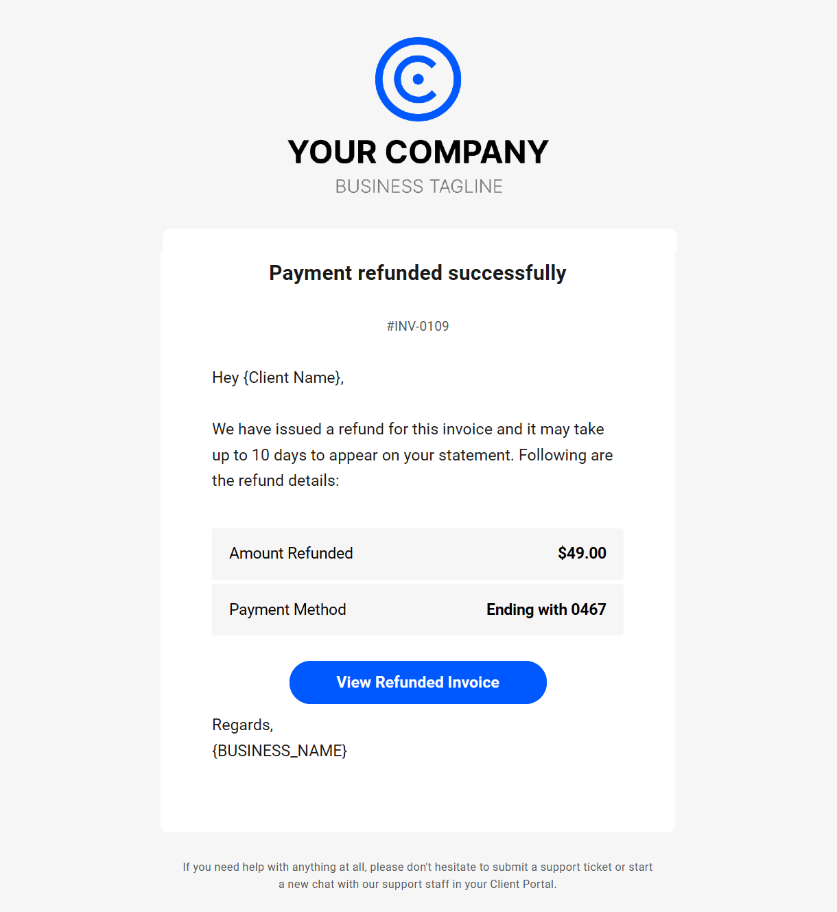 Client billing email to client example - payment refunded