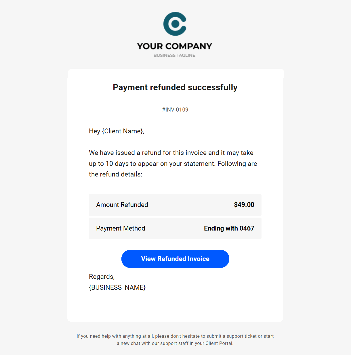 Client billing email to client example - payment refunded