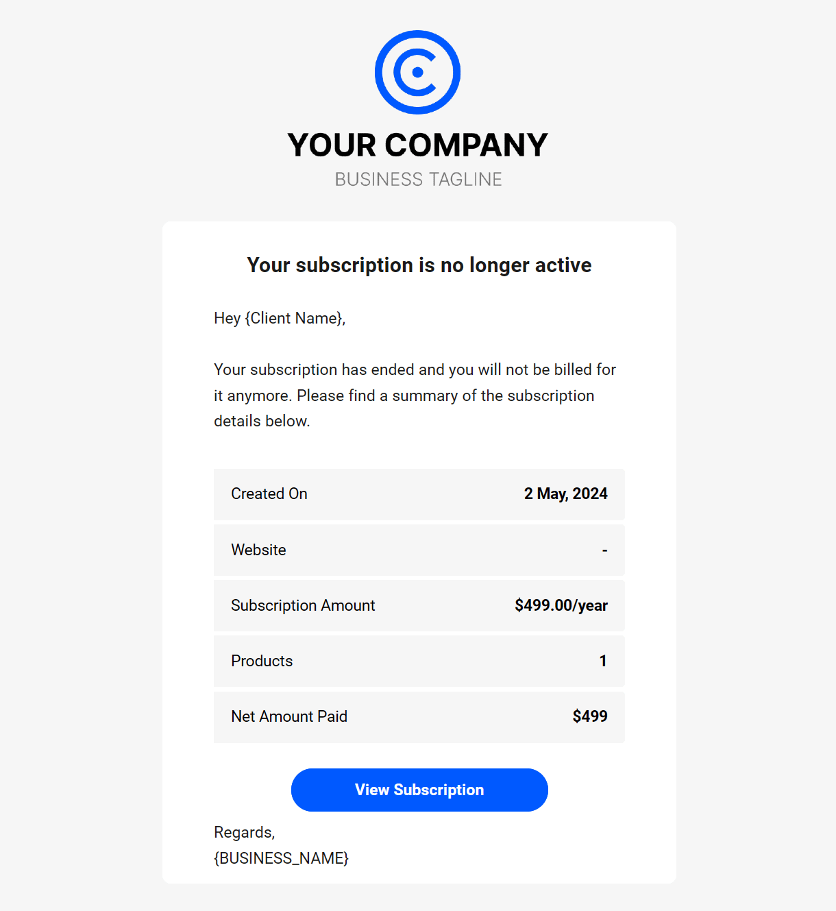 Client billing email to client example - subscription ended