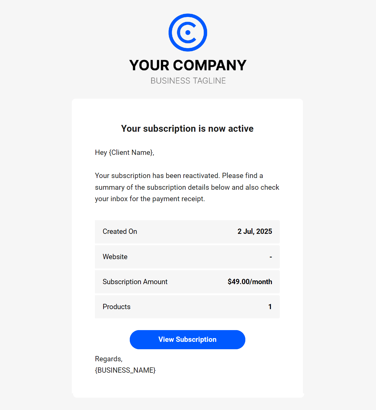 Client billing email to client example - subscription reactivated