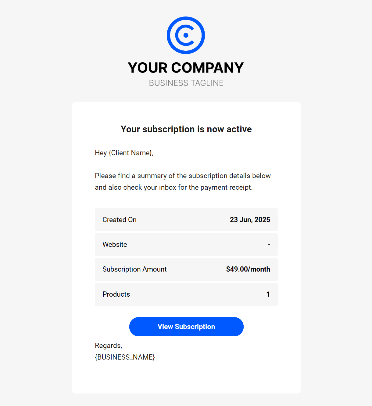 Client billing email to client example - subscription started