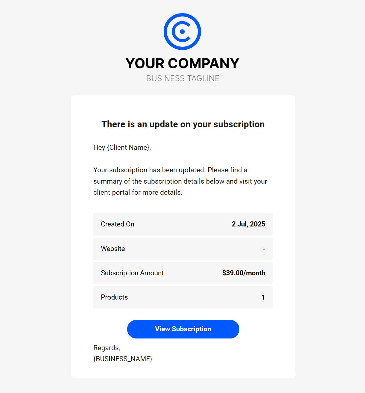 Client billing email to client example - subscription updated