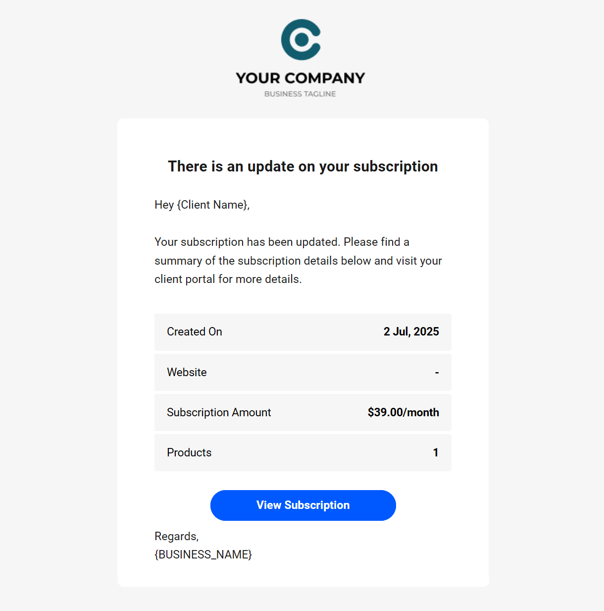 Client billing email to client example - subscription updated