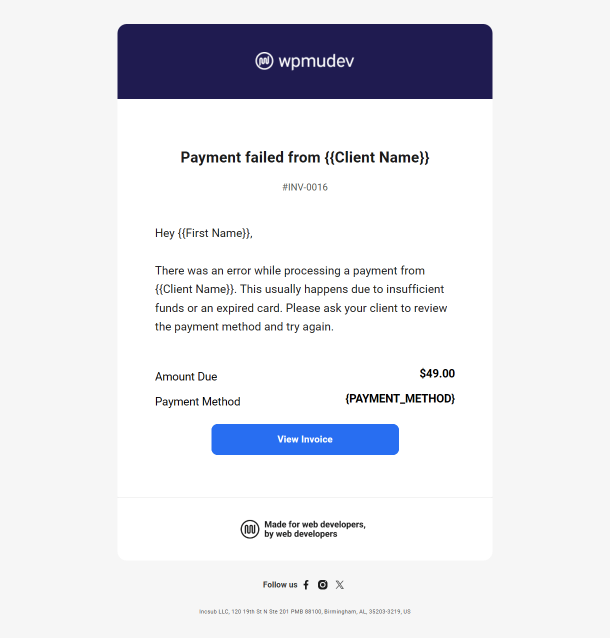 Client billing email to member example - payment failed