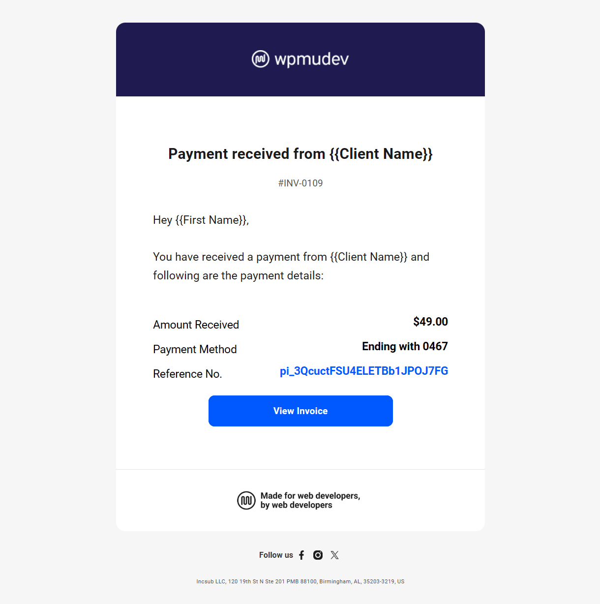Client billing email to member example - payment received