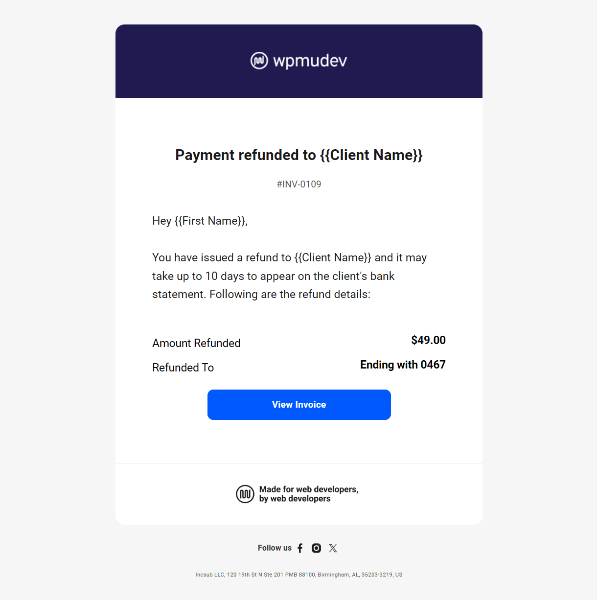 Client billing email to member example - payment refunded