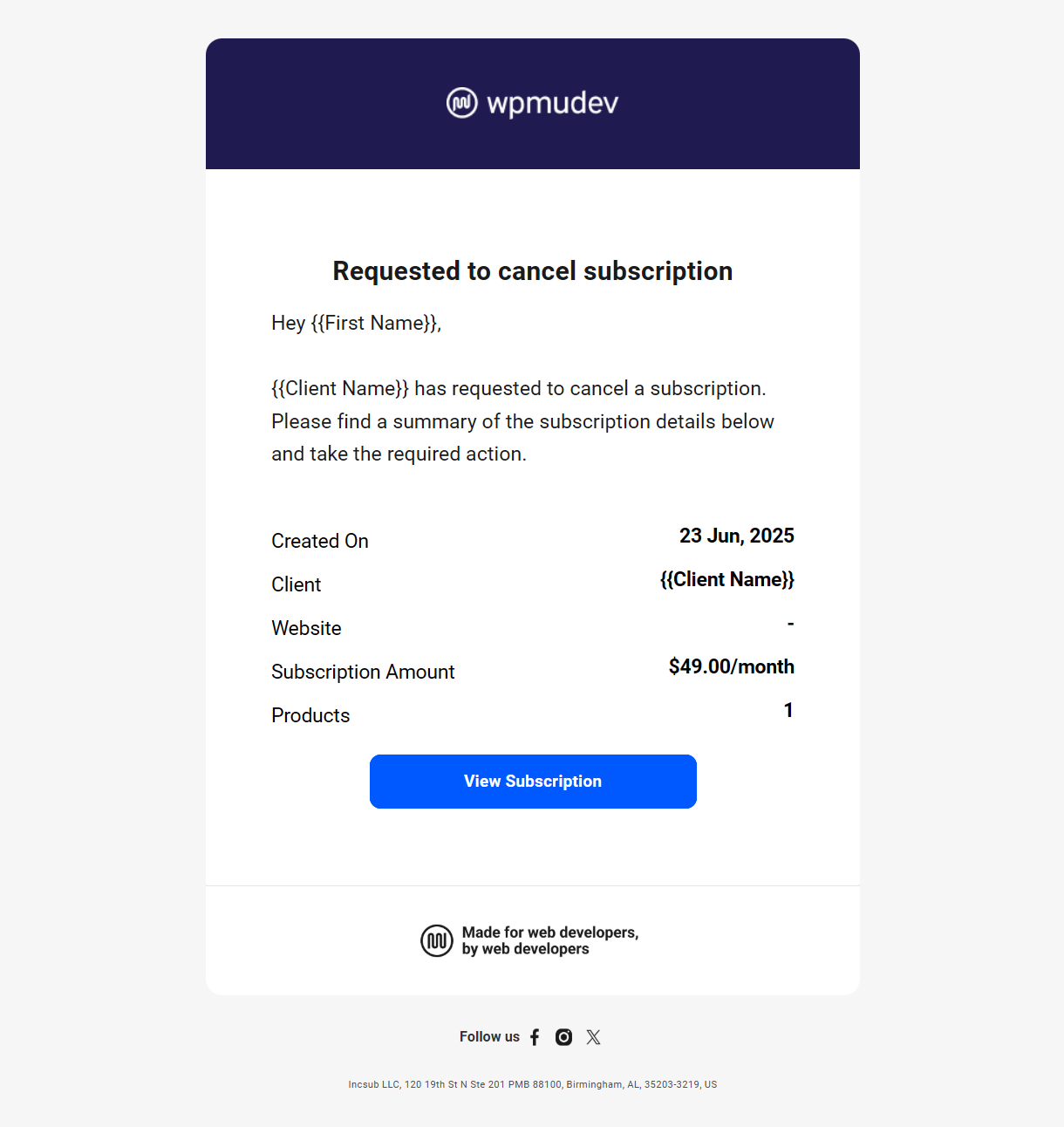 Client Billing email to member example - request to cancel subscription