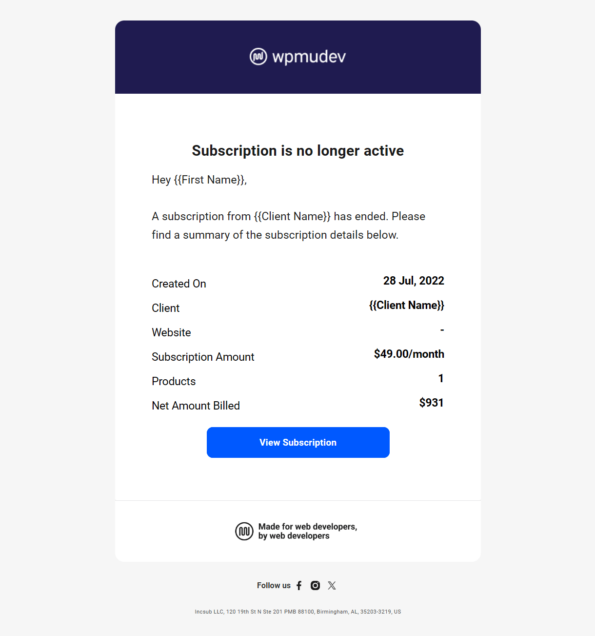 Client billing email to member example - subscription ended