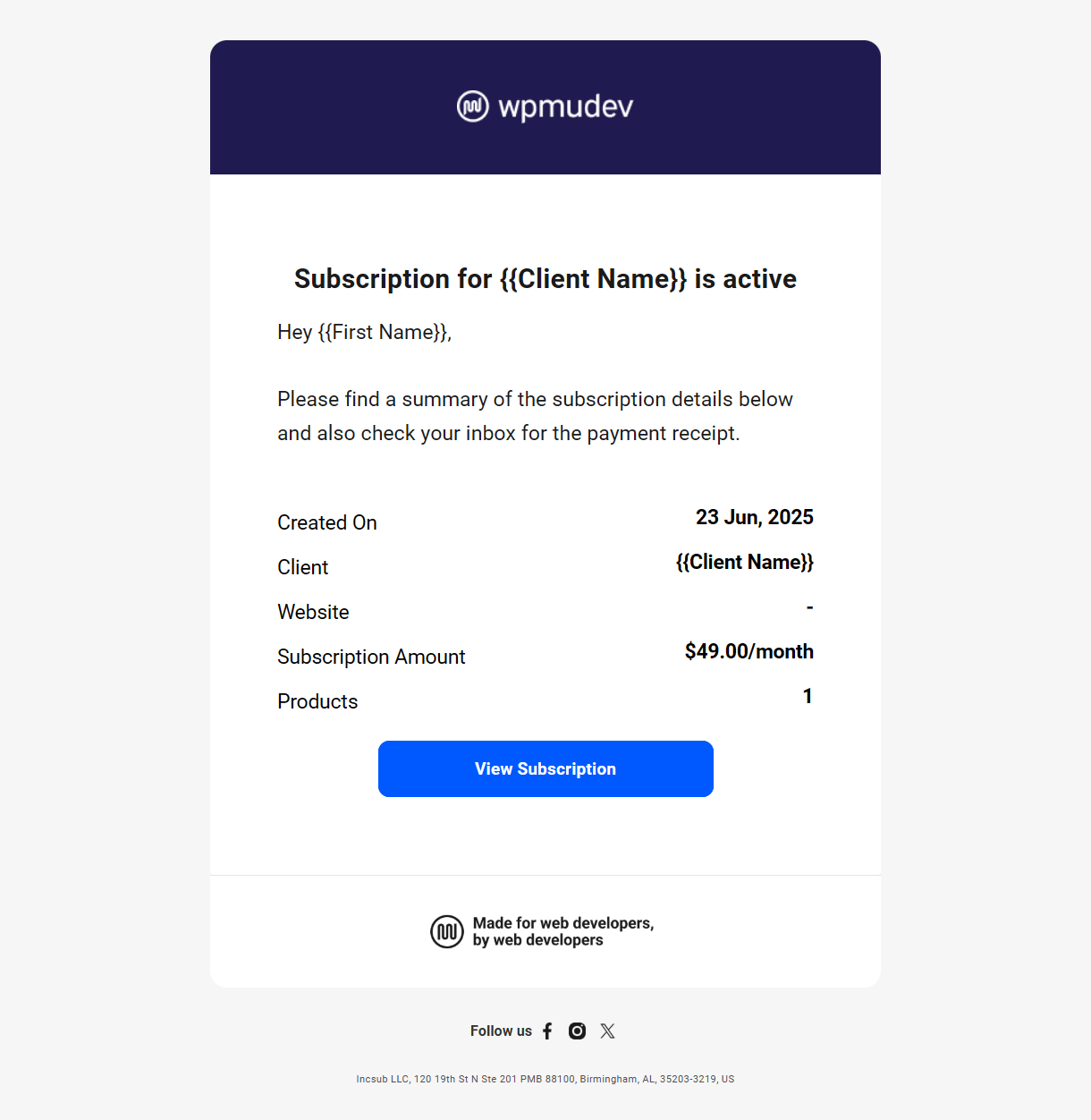 Client billing email to member example - subscription started
