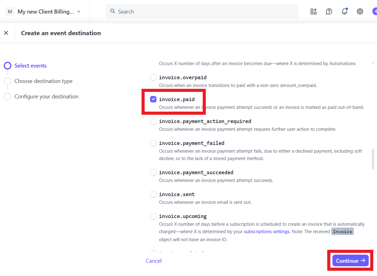 Create an event for new webhook at Stripe