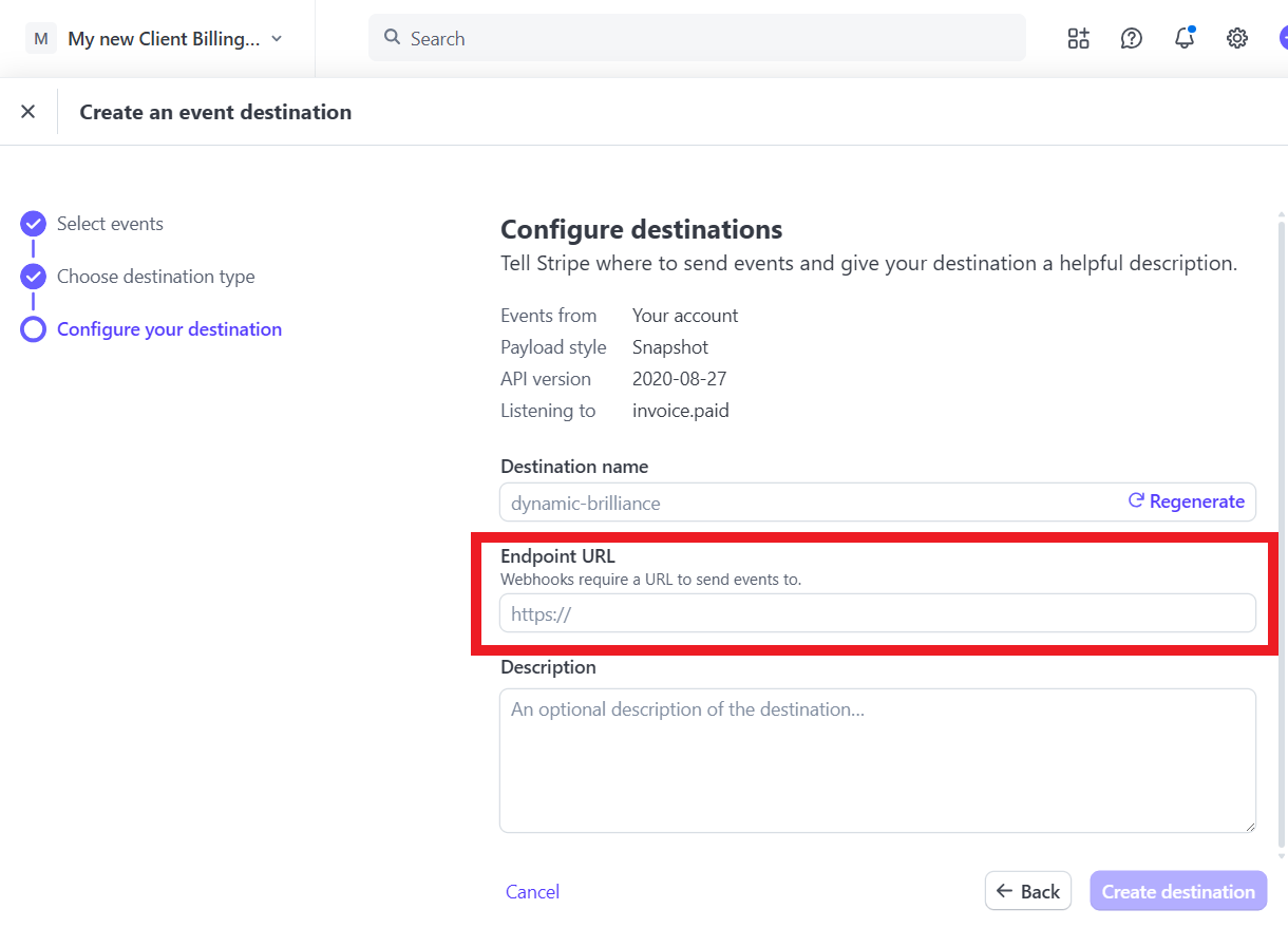Set endpoint URL for a new webhook at Stripe