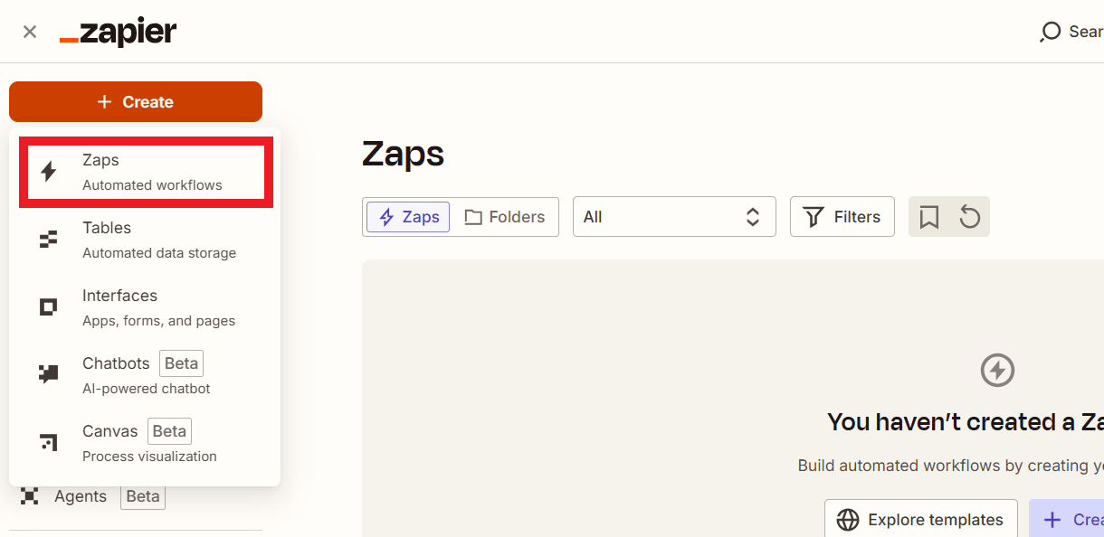 Create a new zap at Zapier