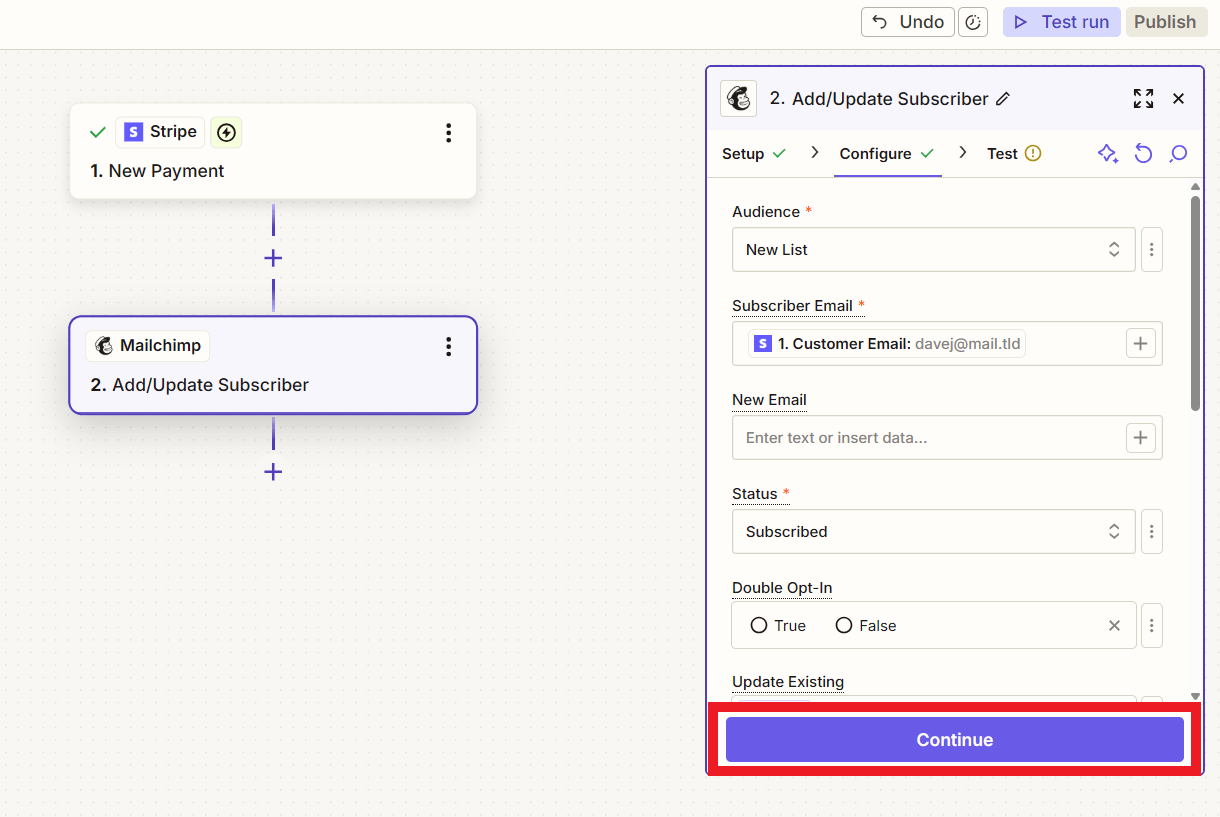 Configures Mailchimp trigger at Zapier