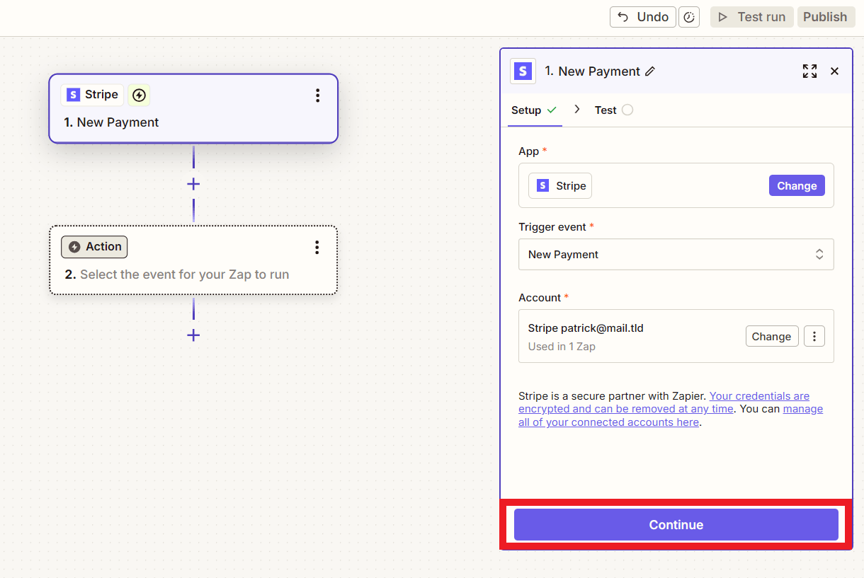 Stripe connected to Zapier