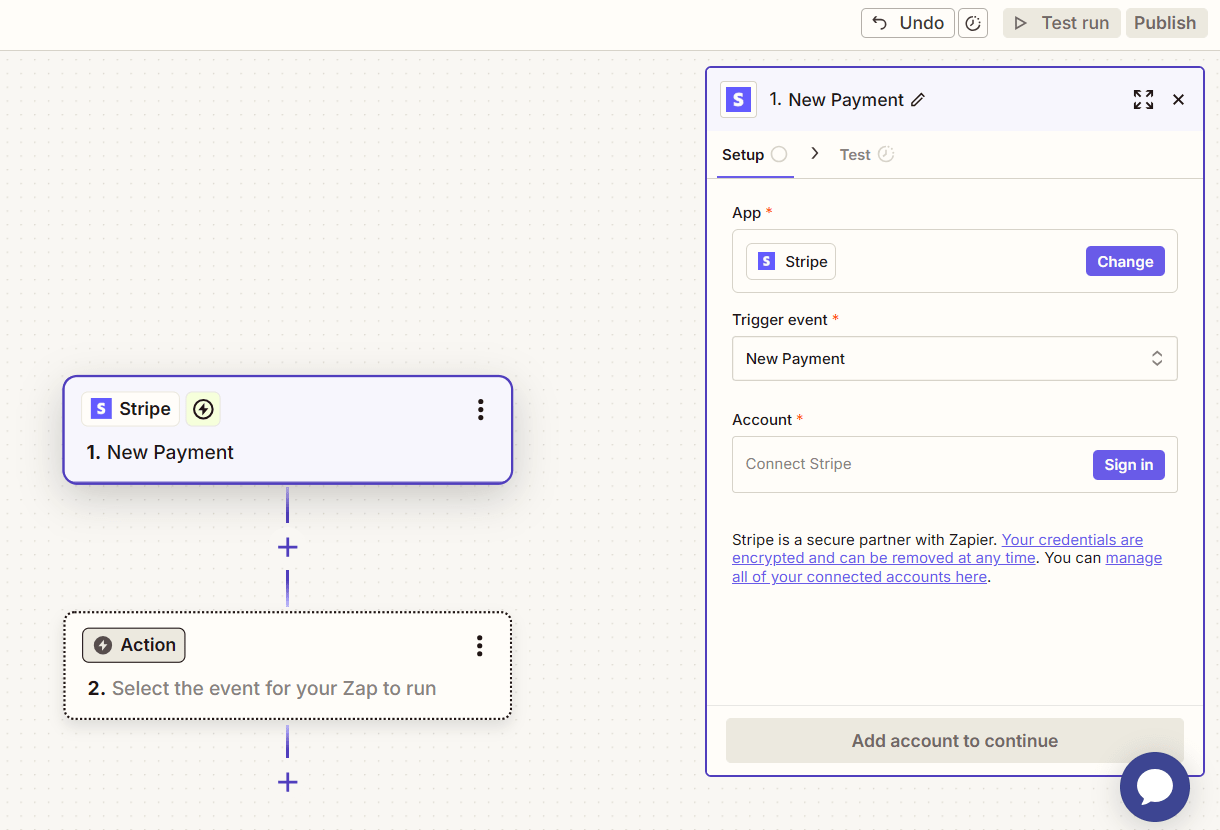 Setting up a zap trigger at Zapier