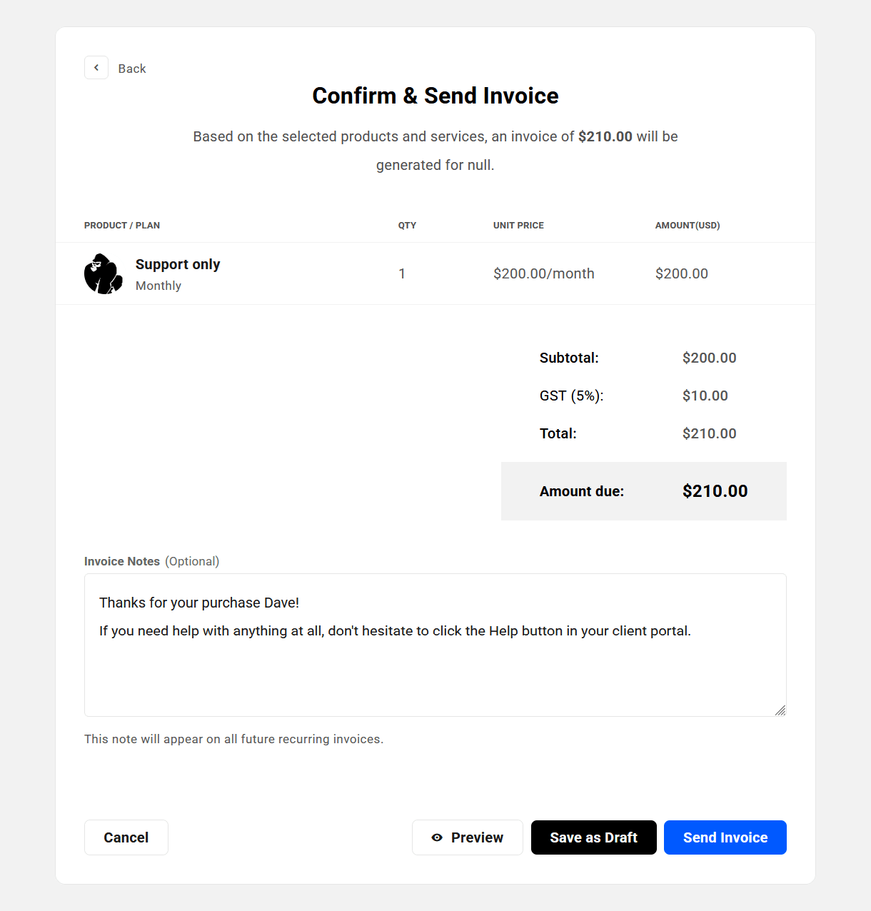 Confirm & send invoice in Client Tools