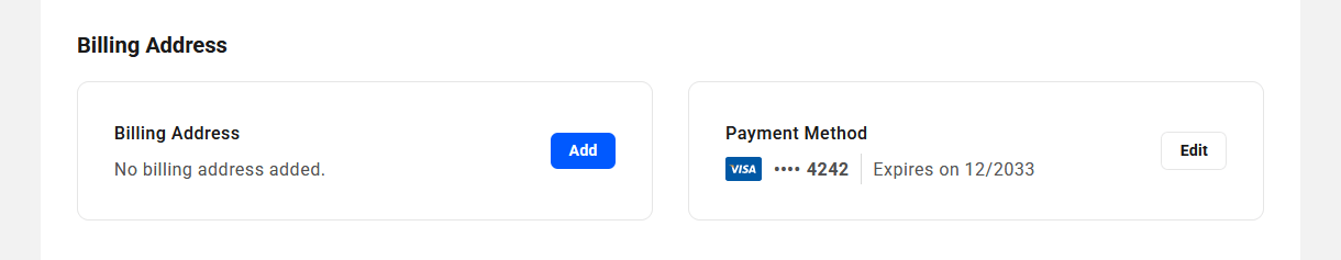 Client view of their Billing Address and Payment Method in your client portal