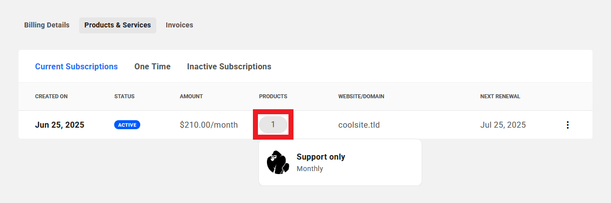 Products included in a client's active subscription