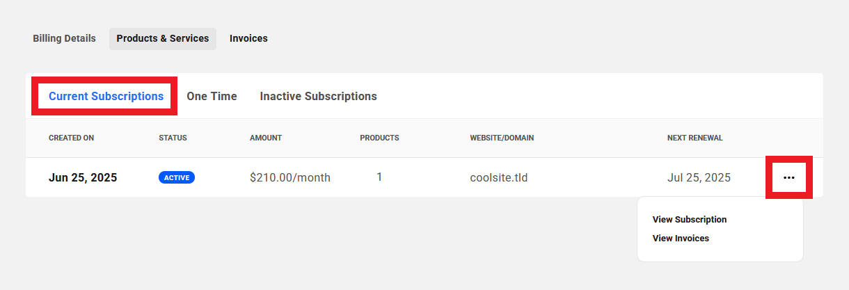 Client view of active subscriptions in your client portal