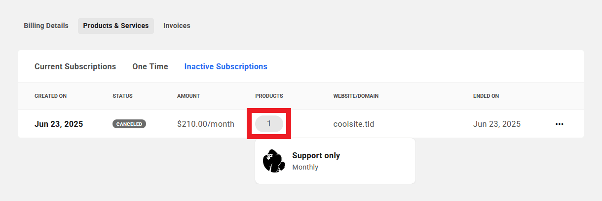 Products included in a client's inactive subscription