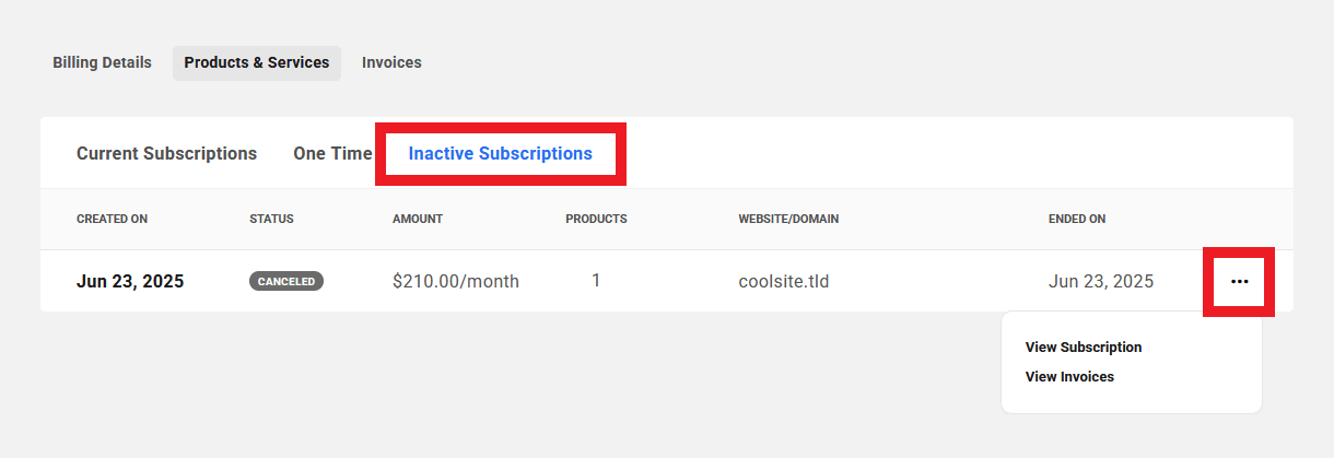 Client view of inactive subscriptions in your client portal