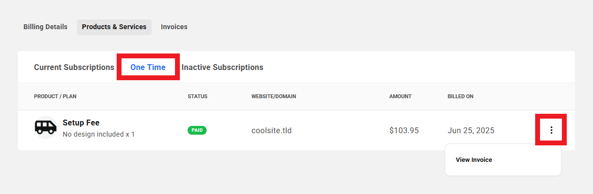 Client view of one-time billed products in your client portal