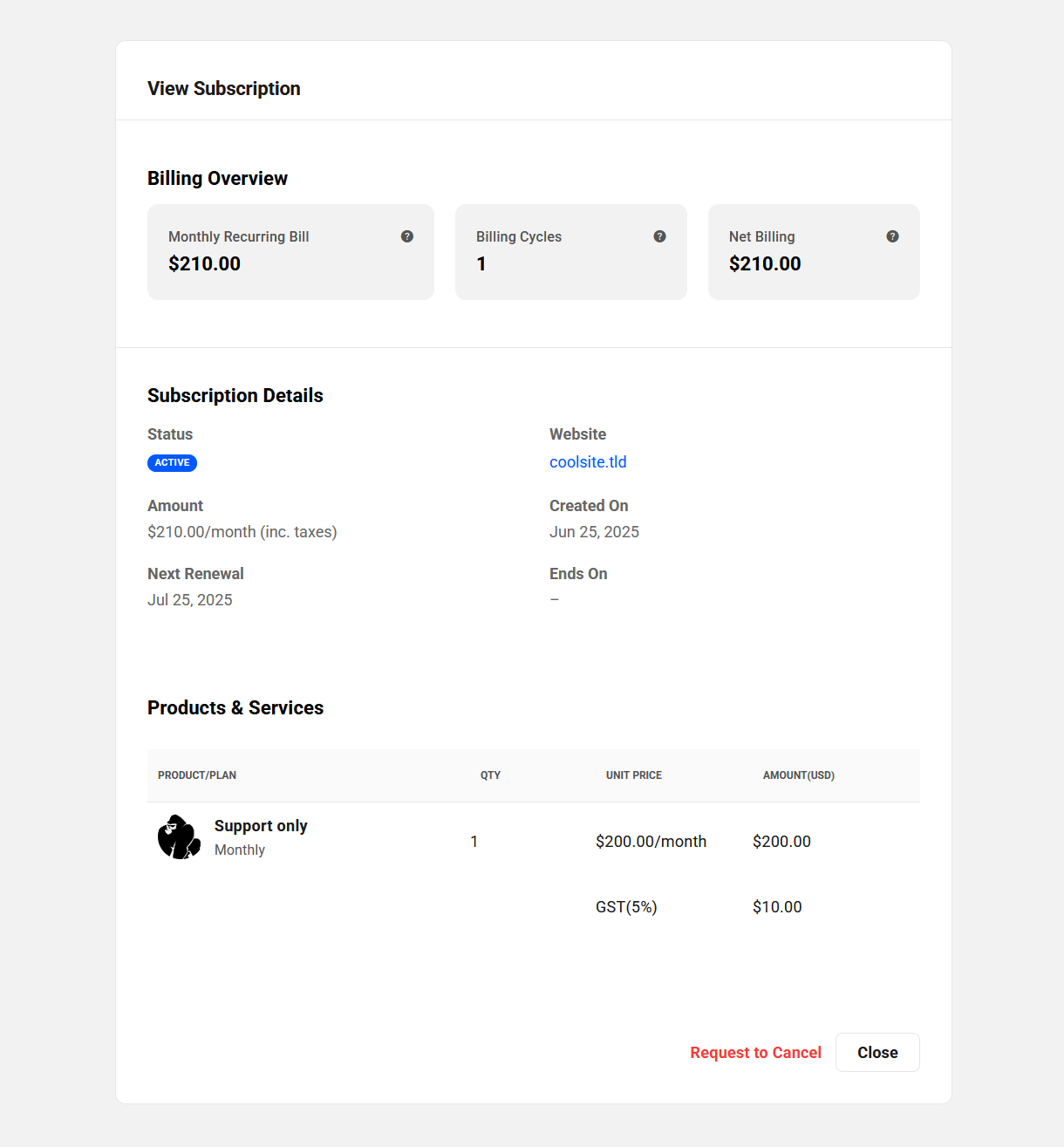 Client view of subscription details in your client portal