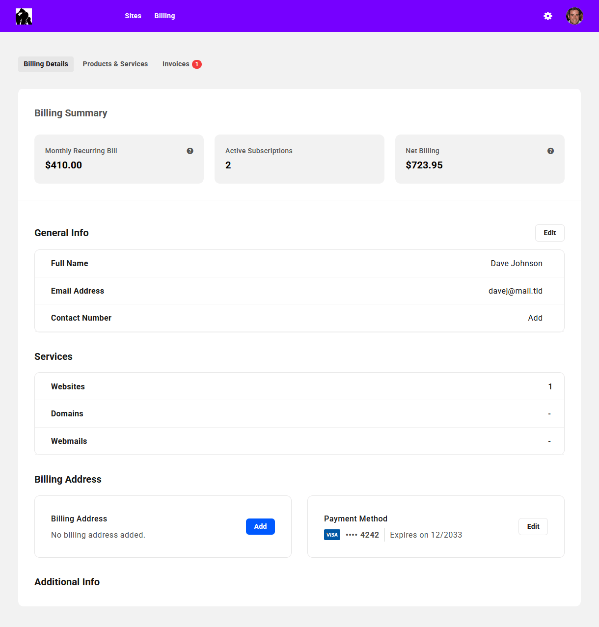 Client view of Billing section in your client portal