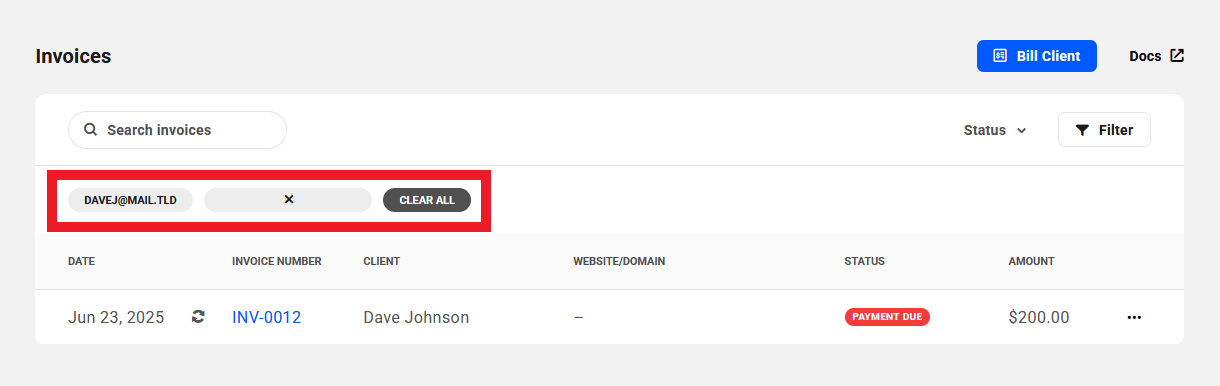Clear invoice filters in Client Billing Tool
