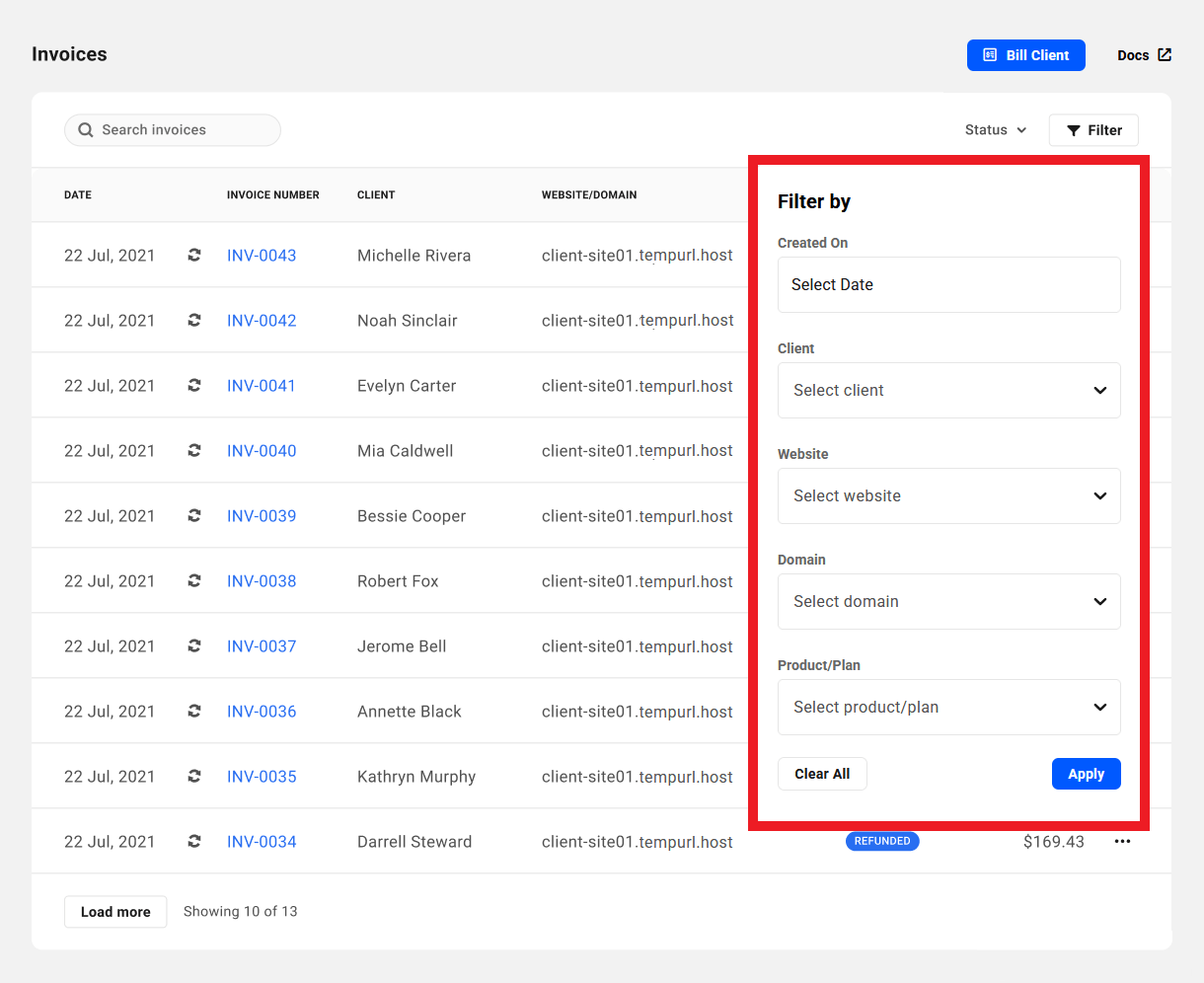 Filter invoices in Client Billing Tool