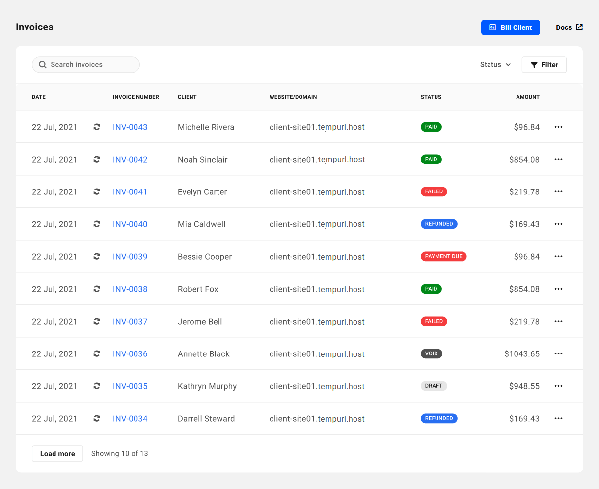 Invoices in Client Billing Tool