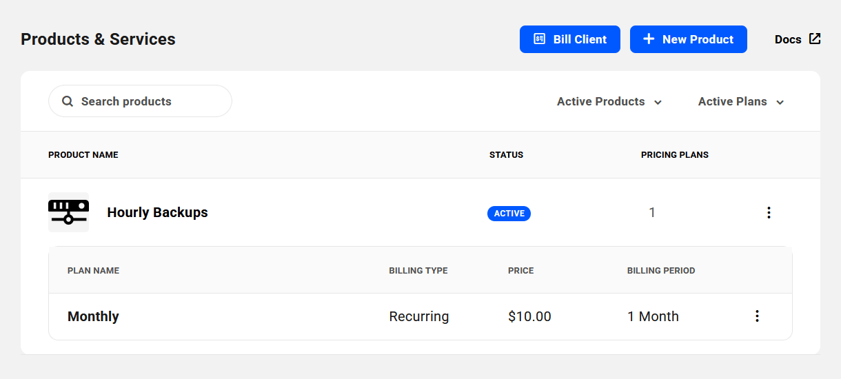 Example pricing plan added to a product in Client Tools