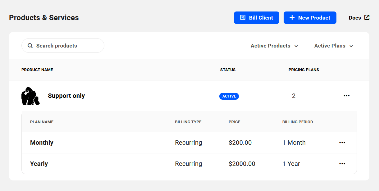 Example pricing plan added to a product in Client Tools