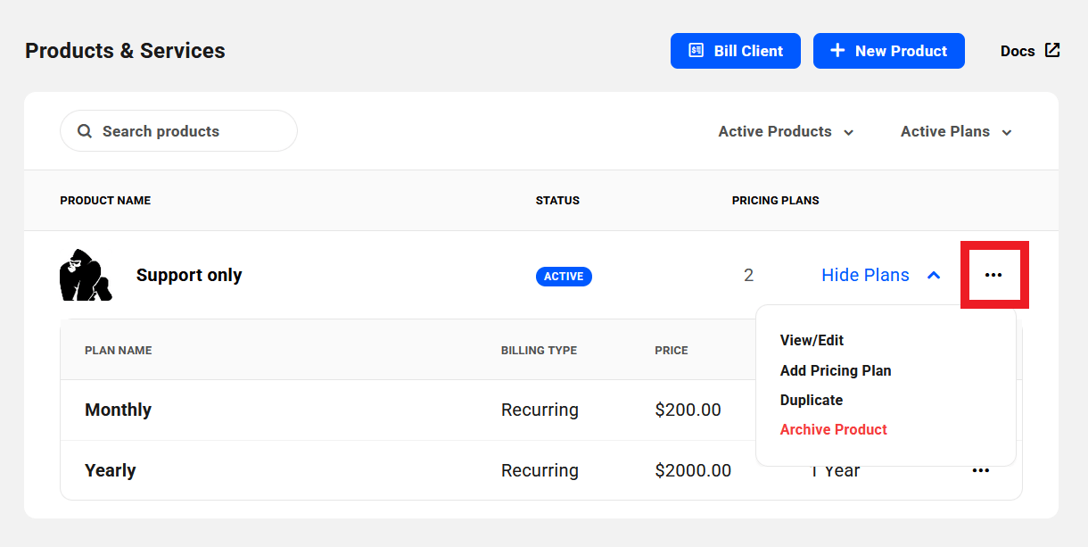 Pricing plan added to a product in Client Tools