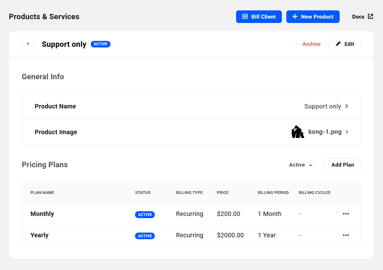 Pricing plan details in a product in Client Tools