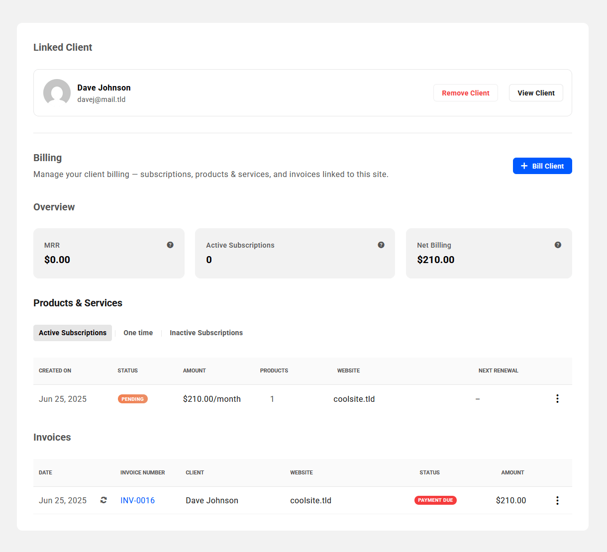 Invoice created for a client site