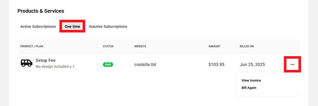 One-time billed products for a site