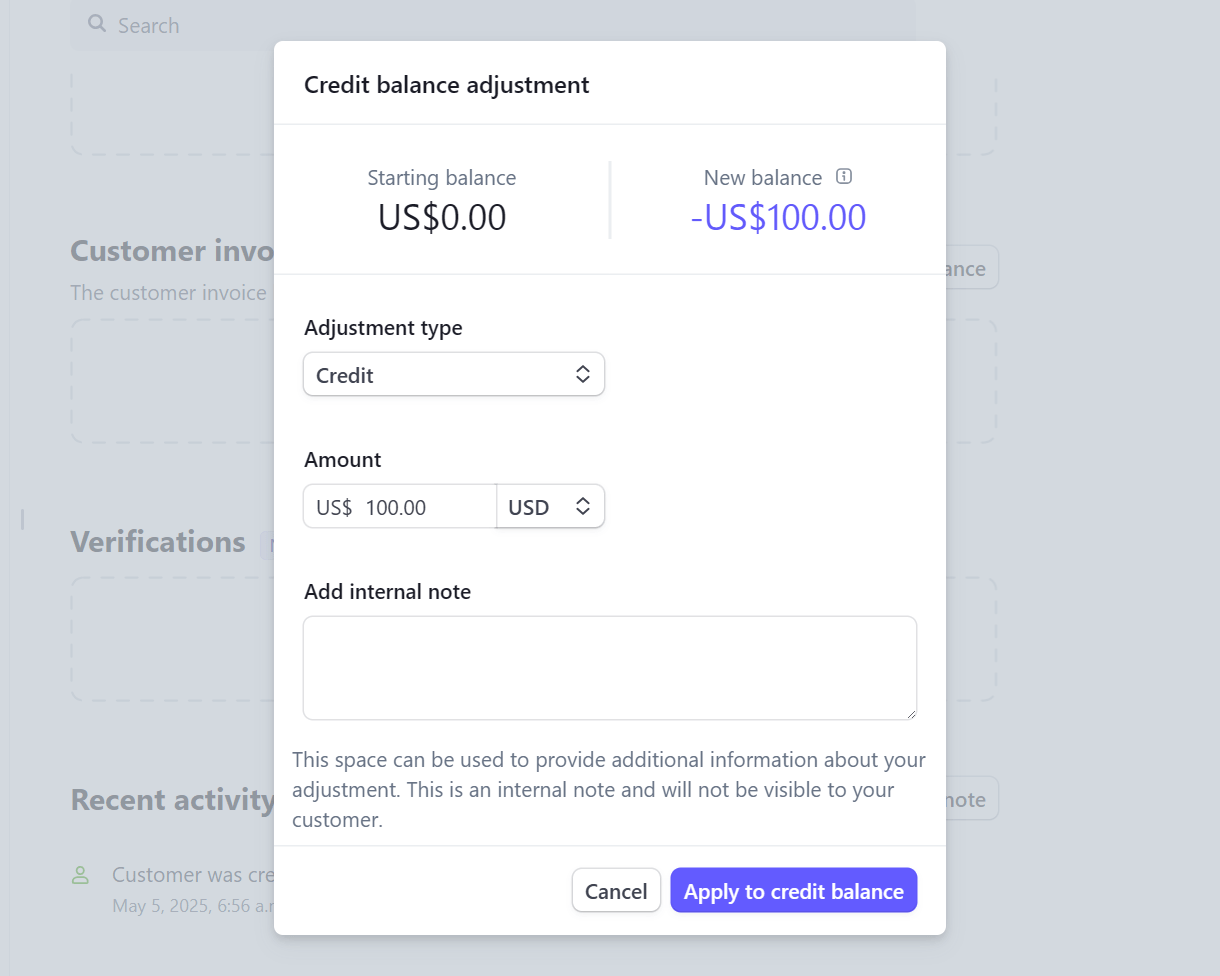 Add to customer credit balance at Stripe