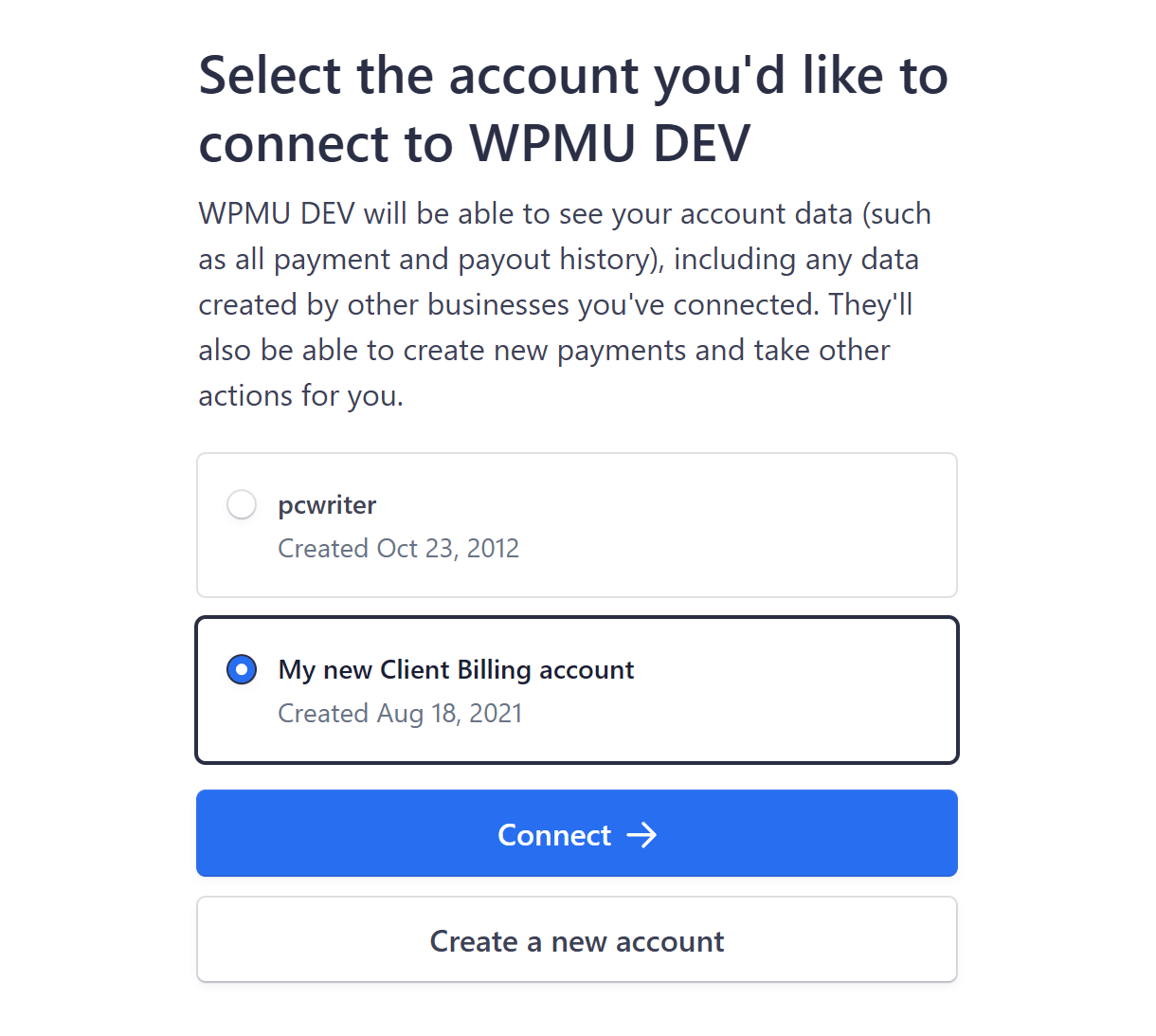 Connect selected Stripe account to Billing tool