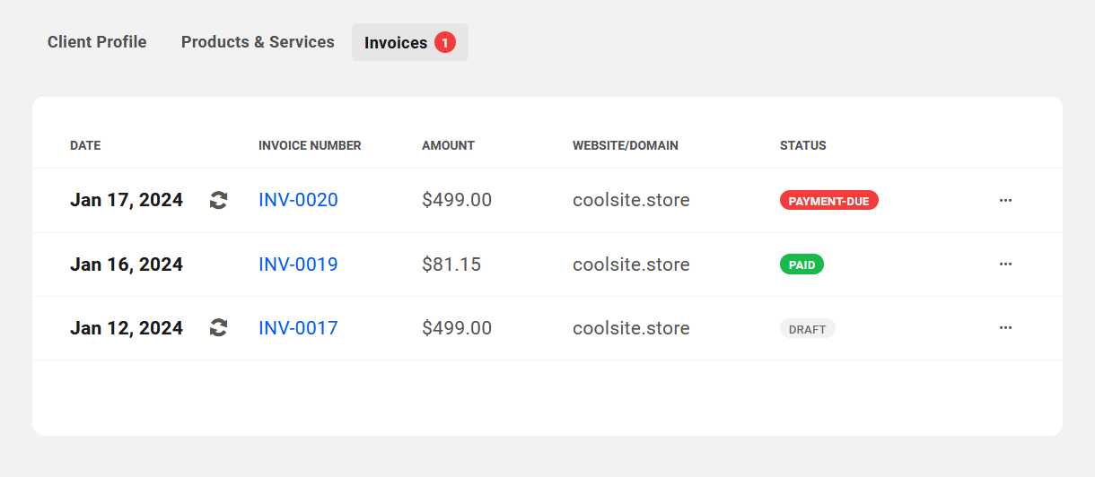 Client's invoices in their profile