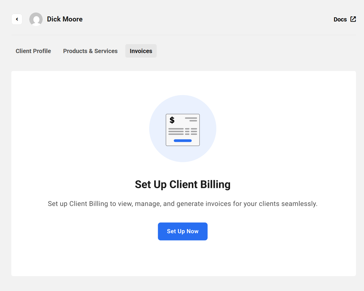 View of Invoices tab in a client profile when Billing is not yet active